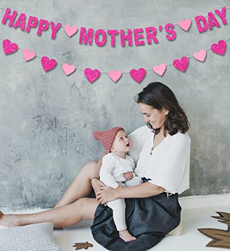 JOZON Happy Mother's Day Banner and Heart Banner Rose Red Pink Glitter Mothers Day Garland Banner with Heart Signs Thanks Mom Best Mom Ever Family Photo Props Backdrops Mother’s Day Party Decorations