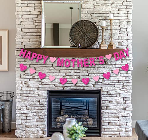 JOZON Happy Mother's Day Banner and Heart Banner Rose Red Pink Glitter Mothers Day Garland Banner with Heart Signs Thanks Mom Best Mom Ever Family Photo Props Backdrops Mother’s Day Party Decorations