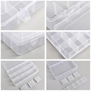 2 Pack 15 Large Compartments Organizer Box Clear Plastic Jewelry Storage Container Box Craft Organizer Case with Removable Dividers for Beads Small Parts Jewelry Crafts(10.8" × 6.5" x 2.2")