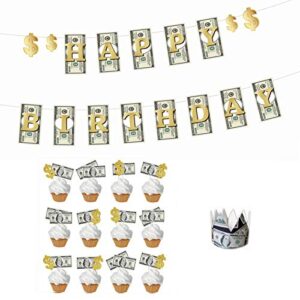 yiiigoood money theme decoration kit bill dollar signs birthday banner & cupcake toppers & crown set for birthday casino wedding showers retirement anniversary graduations party