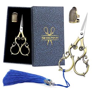 shwakk embroidery scissors 4.45in ancient cyan gourd flower scissors with tassels and thimble, embroidery tools for sewing, crafting, tailoring, needlework, handicrafts diy tools