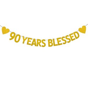 xiaoluoly gold 90 years blessed glitter banner,pre-strung,90th birthday / wedding anniversary party decorations bunting sign backdrops,90 years blessed