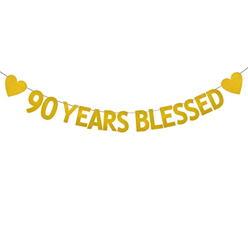 XIAOLUOLY Gold 90 YEARS BLESSED Glitter Banner,Pre-Strung,90th Birthday / Wedding Anniversary Party Decorations Bunting Sign Backdrops,90 YEARS BLESSED