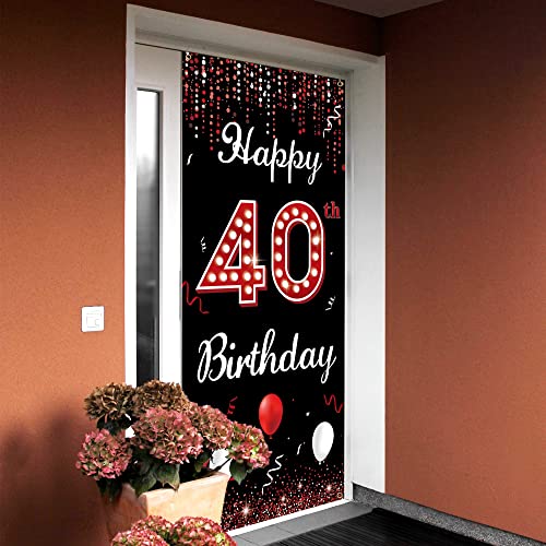 40th Birthday Door Banner Backdrop, Happy 40th Birthday Decorations for Women Red Black, 40 Years Birthday Photo Props, 40 Birthday Party Yard Sign Supplies for Outdoor Indoor Sturdy, Vicycaty