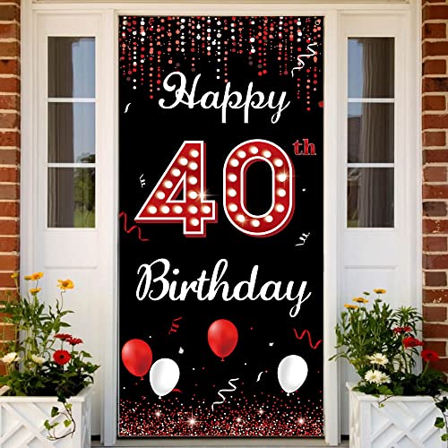 40th Birthday Door Banner Backdrop, Happy 40th Birthday Decorations for Women Red Black, 40 Years Birthday Photo Props, 40 Birthday Party Yard Sign Supplies for Outdoor Indoor Sturdy, Vicycaty