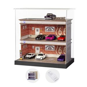 sikivot double deck garage display case， 1/64 scale parking lot model car， die-cast car garage display case，12 parking space with led light and acrylic cover (7642 red brick wall)