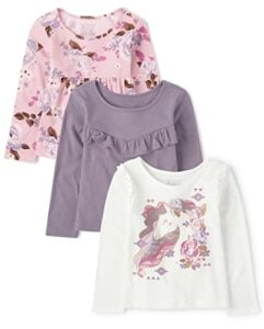 the children’s place baby toddler girls long sleeve fashion shirt 3-pack, pink fall/lt plum/fall unicorn 3 pack, 12-18 months