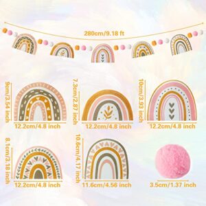 JAPBOR Boho Rainbow Banner, Bohemian Wall Hanging Garland and Felt Balls Decor Supplies for Baby Shower Birthday Party Summer Festivals Wedding Bedroom Home Classroom Decorations