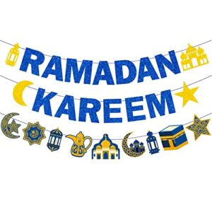 jkq blue glitter ramadan kareem banner and lantern star moon castle pattern banner muslim ramadan mubarak garland banner islamic eid mubarak festival celebration party fireplace decorations