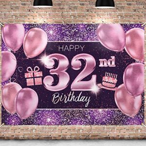 pakboom happy 32nd birthday banner backdrop – 32 birthday party decorations supplies for women – pink purple gold 4 x 6ft
