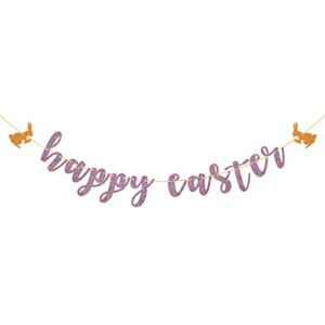 happy easter banner – happy easter garland,easter decors,easter bunting – welcome spring easter themed party banner – purple glitter