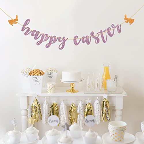 Happy Easter Banner - Happy Easter Garland,Easter Decors,Easter Bunting - Welcome Spring Easter Themed Party Banner - Purple Glitter