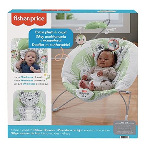 ​Fisher-Price Snow Leopard Deluxe Bouncer, Bouncing Baby seat with Soothing Music, Sounds, and Vibrations