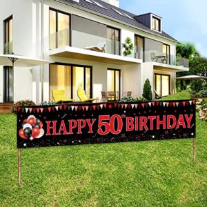 red black happy 50th birthday banner decorations for women men, black and red happy 50 bday yard banner sign party supplies, 50 year old birthday decor for indoor outdoor