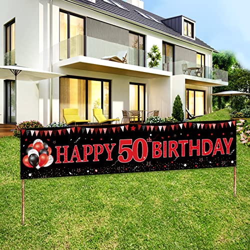 Red Black Happy 50th Birthday Banner Decorations for Women Men, Black and Red Happy 50 Bday Yard Banner Sign Party Supplies, 50 Year Old Birthday Decor for Indoor Outdoor