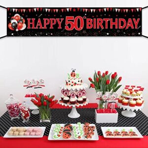 Red Black Happy 50th Birthday Banner Decorations for Women Men, Black and Red Happy 50 Bday Yard Banner Sign Party Supplies, 50 Year Old Birthday Decor for Indoor Outdoor