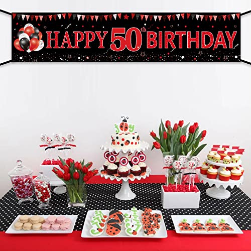 Red Black Happy 50th Birthday Banner Decorations for Women Men, Black and Red Happy 50 Bday Yard Banner Sign Party Supplies, 50 Year Old Birthday Decor for Indoor Outdoor