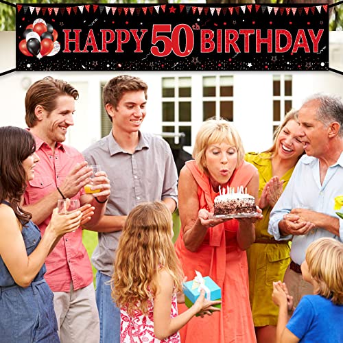 Red Black Happy 50th Birthday Banner Decorations for Women Men, Black and Red Happy 50 Bday Yard Banner Sign Party Supplies, 50 Year Old Birthday Decor for Indoor Outdoor