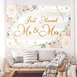 Just Married Mr & Mrs Backdrop Banner Pink Floral Bridal Shower Wedding Theme Party Decorations Photography Background Supplies for Women Men, Multicolor