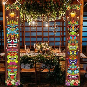 Tiki Banner Luau Hawaiian Party Decorations Set Tiki Totem Porch Sign for Aloha Tropical Hawaii Hibiscus Wall Hanging Decor Door Banner Carnival Party Jungle Background Backdrop (Tiki Luau Banner)