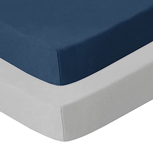 100% Organic Cotton Pack N Play Sheets, 2 Pack Portable Playard / Mini Crib Mattress Sheets, Ultra Soft, Grey & Navy, Pre-Shrink