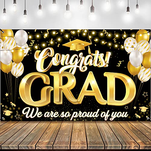 Congrats Grad We Are So Proud Of You Banner - Large, 72x44 Inch | Congrats Grad Banner for Black and Gold Graduation Decorations | Graduation Banner, Black and Gold Graduation Party Decorations 2023