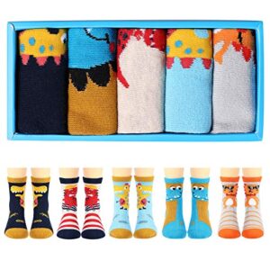 5 pack boys dinosaur socks, cartoon dino pattern cotton crew socks for baby toddler little kids, 3-8 year old gift set for christmas