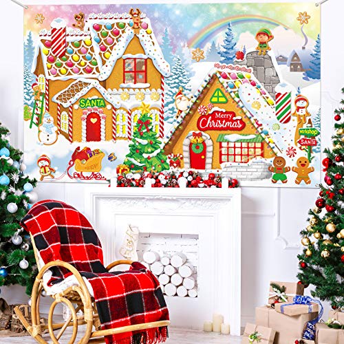 Christmas Gingerbread Photo Backdrop Decoration Sweet Merry Christmas Gingerbread House Banner Santa Candy Background for Christmas Baby Shower Birthday Wall Decorations in 72.8 x 43.3 Inch