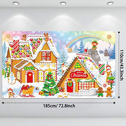 Christmas Gingerbread Photo Backdrop Decoration Sweet Merry Christmas Gingerbread House Banner Santa Candy Background for Christmas Baby Shower Birthday Wall Decorations in 72.8 x 43.3 Inch