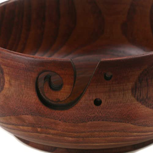 MY MIRONEY 6.69" Wooden Yarn Bowl,Yarn Storage Bowl with Carved Holes & Drills,Wood Yarn Holder for Crocheting and Knitting