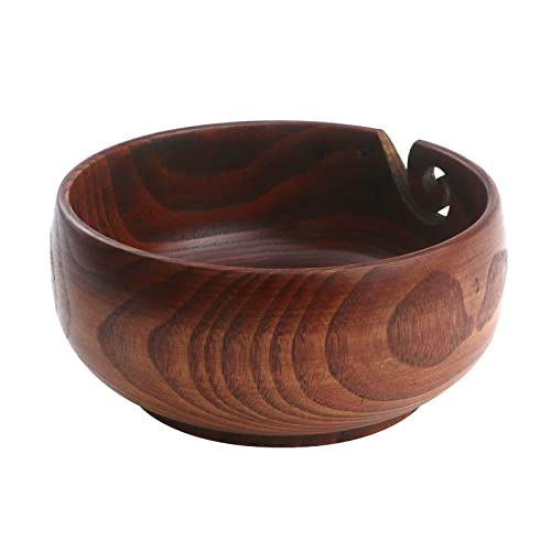 MY MIRONEY 6.69" Wooden Yarn Bowl,Yarn Storage Bowl with Carved Holes & Drills,Wood Yarn Holder for Crocheting and Knitting