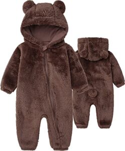 infant’s cute snowsuit cotton fleece lined outfits one piece hooded romper jumpsuit for baby girl boy brown 0-3m