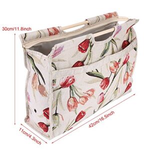 Knitting Bag, Lightweight Knitting Organizer Fabric Large Capacity Wood Handle Travel Yarn Storage Bag Tote Organizer for Knitting Needles Sewing Tools Great Gift(Red Flower)