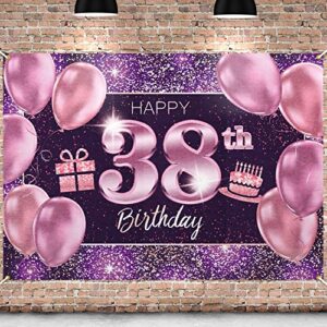pakboom happy 38th birthday banner backdrop – 38 birthday party decorations supplies for women – pink purple gold 4 x 6ft