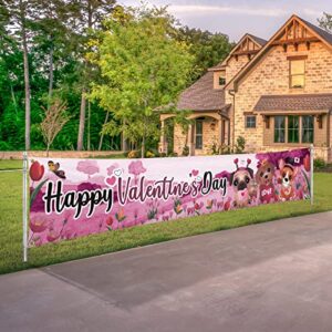large happy valentines day banner outdoor decorations 120″ x 20″ valentine’s yard sign purple flowers cute dogs love hill holiday party supplies valentine backdrop home decor with brass grommets for garden house fence garage indoor gifts anniversary weddi