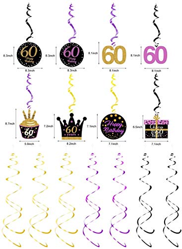 60th Birthday Decorations for Women Purple Gold 60th Birthday Hanging Swirls Hanging Swirls Decorations for Purple Gold 60 Years Old Party Supplies