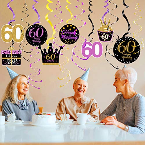 60th Birthday Decorations for Women Purple Gold 60th Birthday Hanging Swirls Hanging Swirls Decorations for Purple Gold 60 Years Old Party Supplies