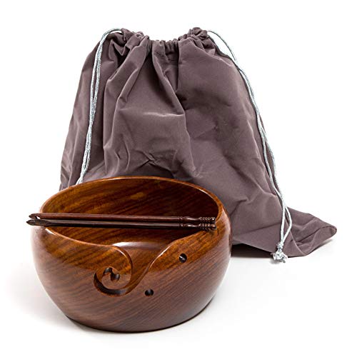 Eunoia Wooden Yarn Bowl Holder | Handmade Knitting Wool Storage Basket with Holes for Knitting, Crocheting, Home & Garden Arts, Crafts & Sewing | Free Wood Crochet Hook & Travel Bag - 8" x 4"