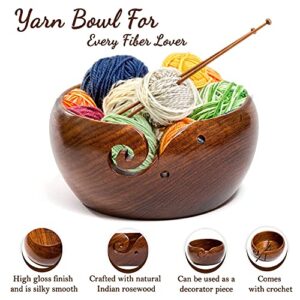 Eunoia Wooden Yarn Bowl Holder | Handmade Knitting Wool Storage Basket with Holes for Knitting, Crocheting, Home & Garden Arts, Crafts & Sewing | Free Wood Crochet Hook & Travel Bag - 8" x 4"