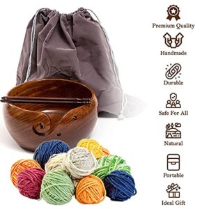 Eunoia Wooden Yarn Bowl Holder | Handmade Knitting Wool Storage Basket with Holes for Knitting, Crocheting, Home & Garden Arts, Crafts & Sewing | Free Wood Crochet Hook & Travel Bag - 8" x 4"