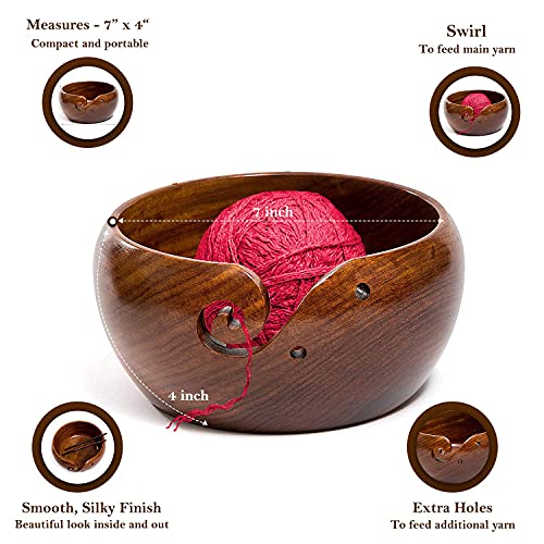 Eunoia Wooden Yarn Bowl Holder | Handmade Knitting Wool Storage Basket with Holes for Knitting, Crocheting, Home & Garden Arts, Crafts & Sewing | Free Wood Crochet Hook & Travel Bag - 8" x 4"