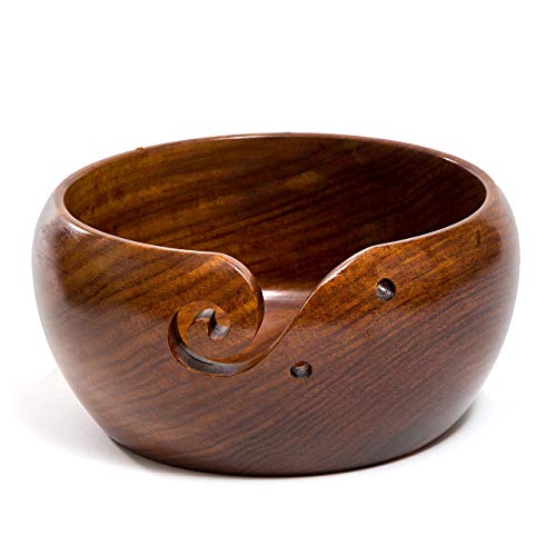 Eunoia Wooden Yarn Bowl Holder | Handmade Knitting Wool Storage Basket with Holes for Knitting, Crocheting, Home & Garden Arts, Crafts & Sewing | Free Wood Crochet Hook & Travel Bag - 8" x 4"