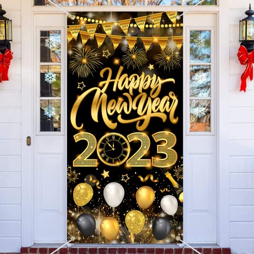 6x2.9Ft Happy New Year Door Cover, Happy New Year Door Decorations 2023, Happy New Year Door Banner for Happy New Year Decorations 2023, Black Gold Happy New Year Banner 2023 tineit