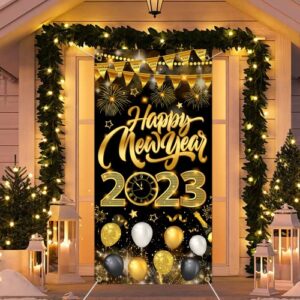 6x2.9Ft Happy New Year Door Cover, Happy New Year Door Decorations 2023, Happy New Year Door Banner for Happy New Year Decorations 2023, Black Gold Happy New Year Banner 2023 tineit