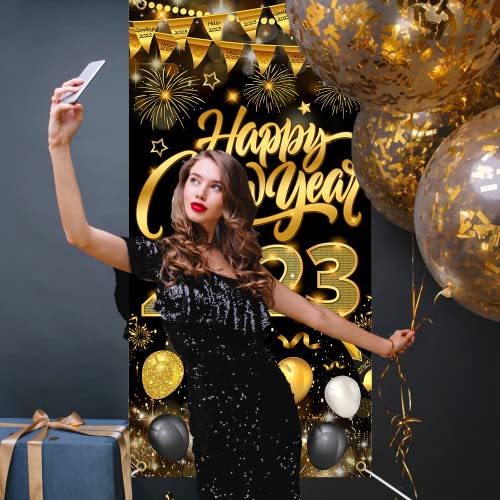 6x2.9Ft Happy New Year Door Cover, Happy New Year Door Decorations 2023, Happy New Year Door Banner for Happy New Year Decorations 2023, Black Gold Happy New Year Banner 2023 tineit