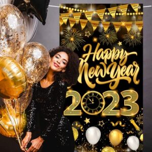 6x2.9Ft Happy New Year Door Cover, Happy New Year Door Decorations 2023, Happy New Year Door Banner for Happy New Year Decorations 2023, Black Gold Happy New Year Banner 2023 tineit