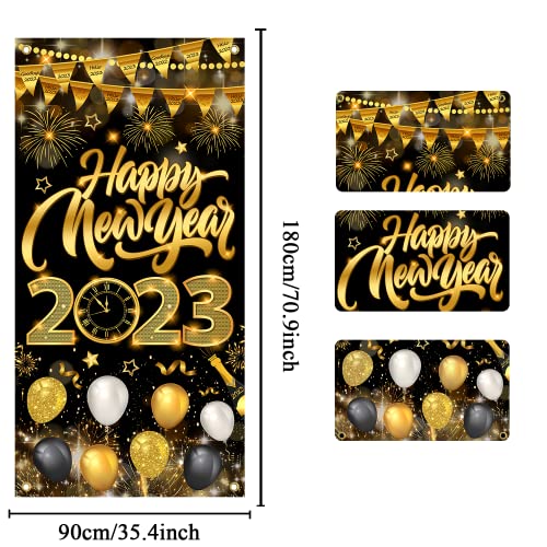 6x2.9Ft Happy New Year Door Cover, Happy New Year Door Decorations 2023, Happy New Year Door Banner for Happy New Year Decorations 2023, Black Gold Happy New Year Banner 2023 tineit