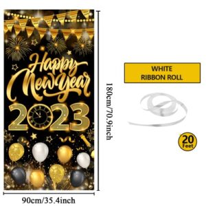 6x2.9Ft Happy New Year Door Cover, Happy New Year Door Decorations 2023, Happy New Year Door Banner for Happy New Year Decorations 2023, Black Gold Happy New Year Banner 2023 tineit