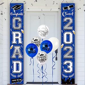 2023 graduation porch sign banner, navy blue and silver graduations porch sign door banner class of 2023 congrats grad hanging banner flag for high school and college graduation party decorations