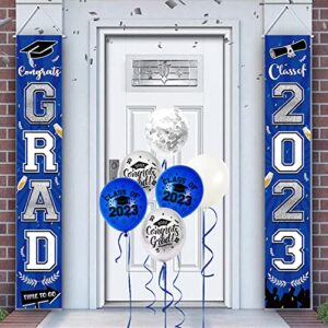 2023 Graduation Porch Sign Banner, Navy Blue and Silver Graduations Porch Sign Door Banner Class of 2023 Congrats Grad Hanging Banner Flag for High School and College Graduation Party Decorations